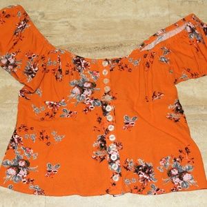 off the shoulder orange floral button down cropped